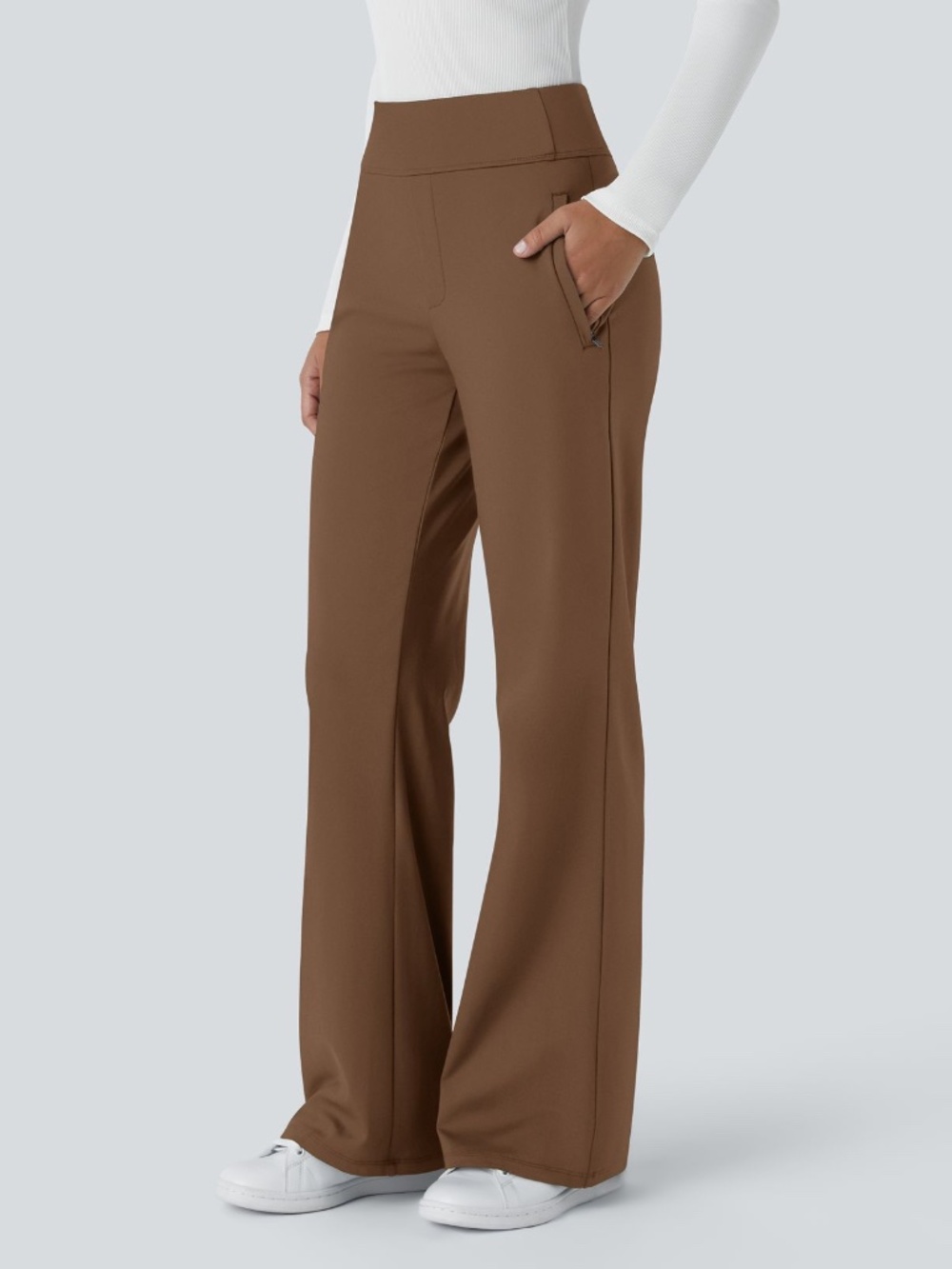 NWT Med Halara Flex™ DayStretch Mid Rise Zip Pocket Work Flare Pants Bison Brown